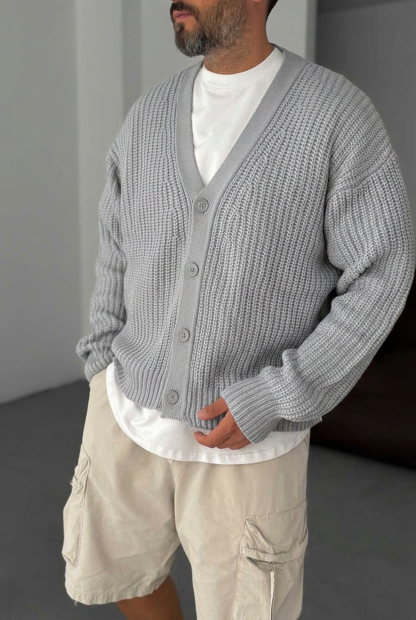 Γκρι Oversize Πλεκτή Ζακέτα με Κουμπιά