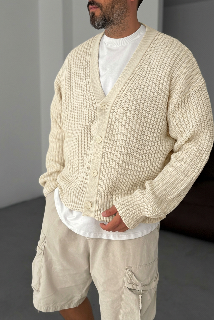 Εκρού Oversized Πλεκτή Ζακέτα με Κουμπιά