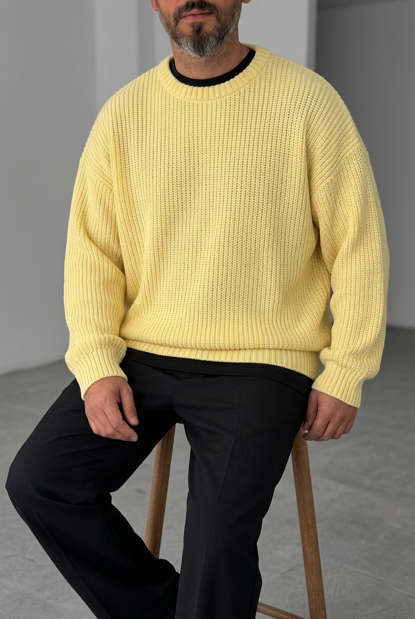 Ανδρική Πλεκτή Μπλούζα Oversized με Ανάγλυφη Πλέξη – Κίτρινο