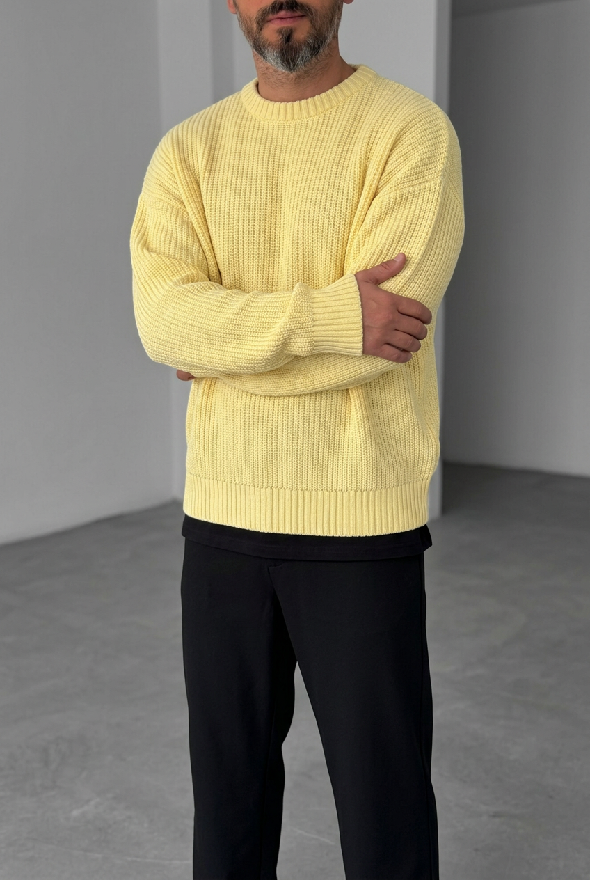 Ανδρική Πλεκτή Μπλούζα Oversized με Ανάγλυφη Πλέξη – Κίτρινο