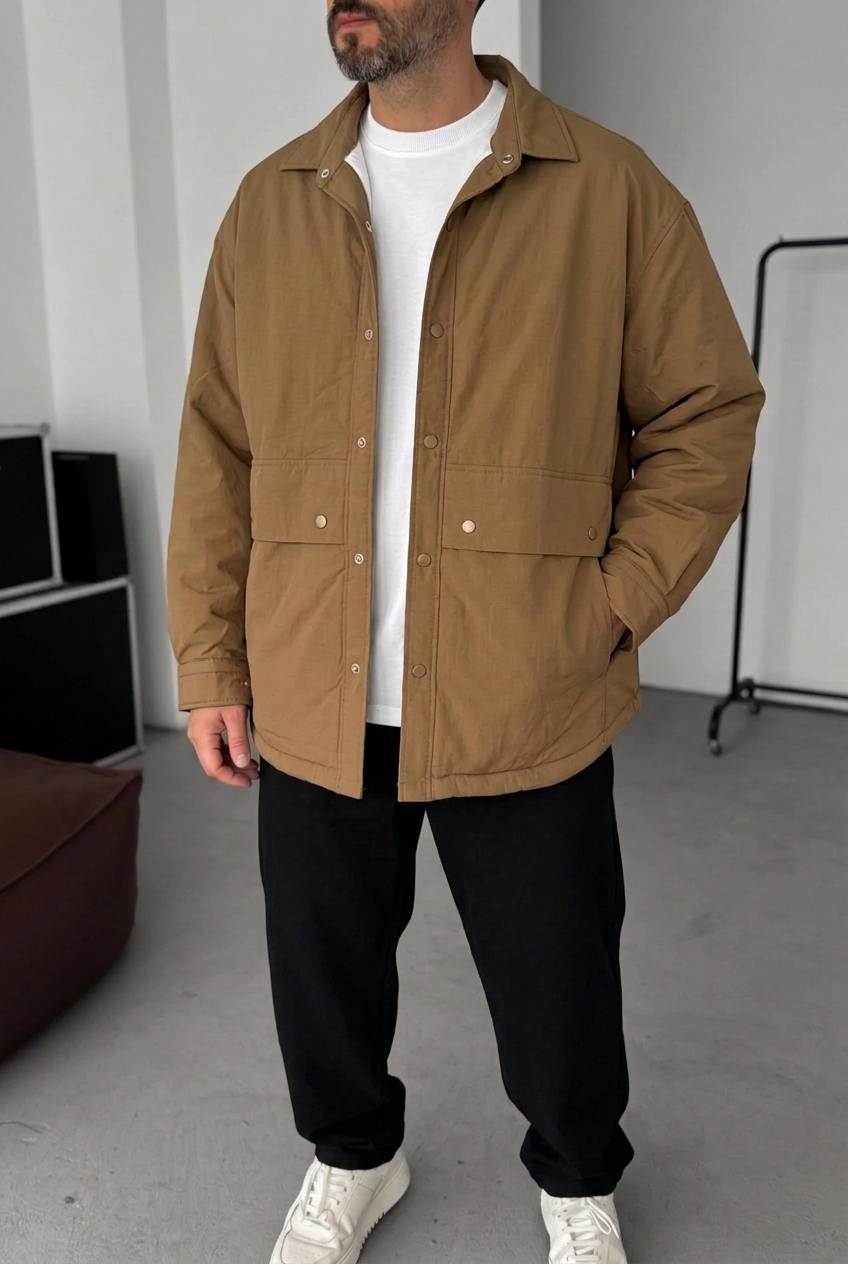 Ανδρικό Oversized Utility Jacket με Τσέπες & Κουμπιά – Καφέ