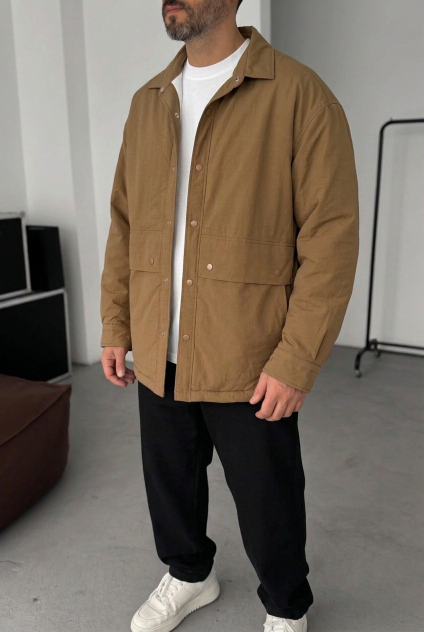 Ανδρικό Oversized Utility Jacket με Τσέπες & Κουμπιά – Καφέ