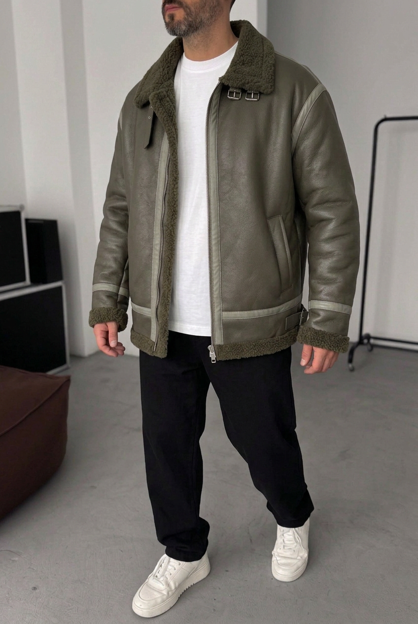 Ανδρικό Oversized Aviator Jacket από Δερματίνη με Γούνα Teddy – Χακί