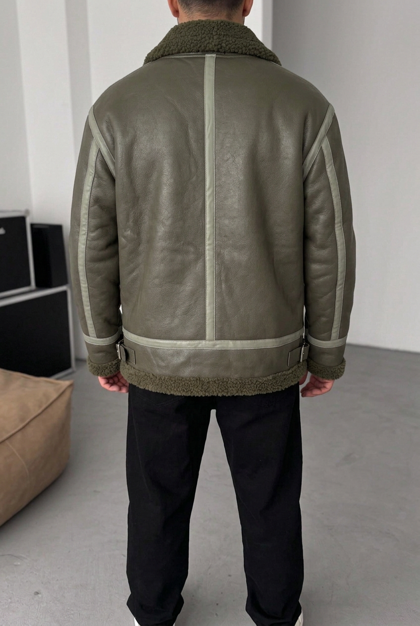 Ανδρικό Oversized Aviator Jacket από Δερματίνη με Γούνα Teddy – Χακί