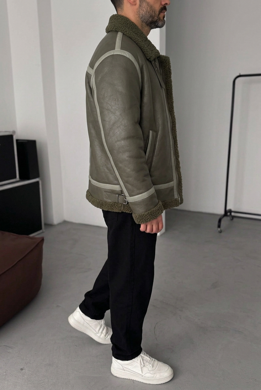 Ανδρικό Oversized Aviator Jacket από Δερματίνη με Γούνα Teddy – Χακί