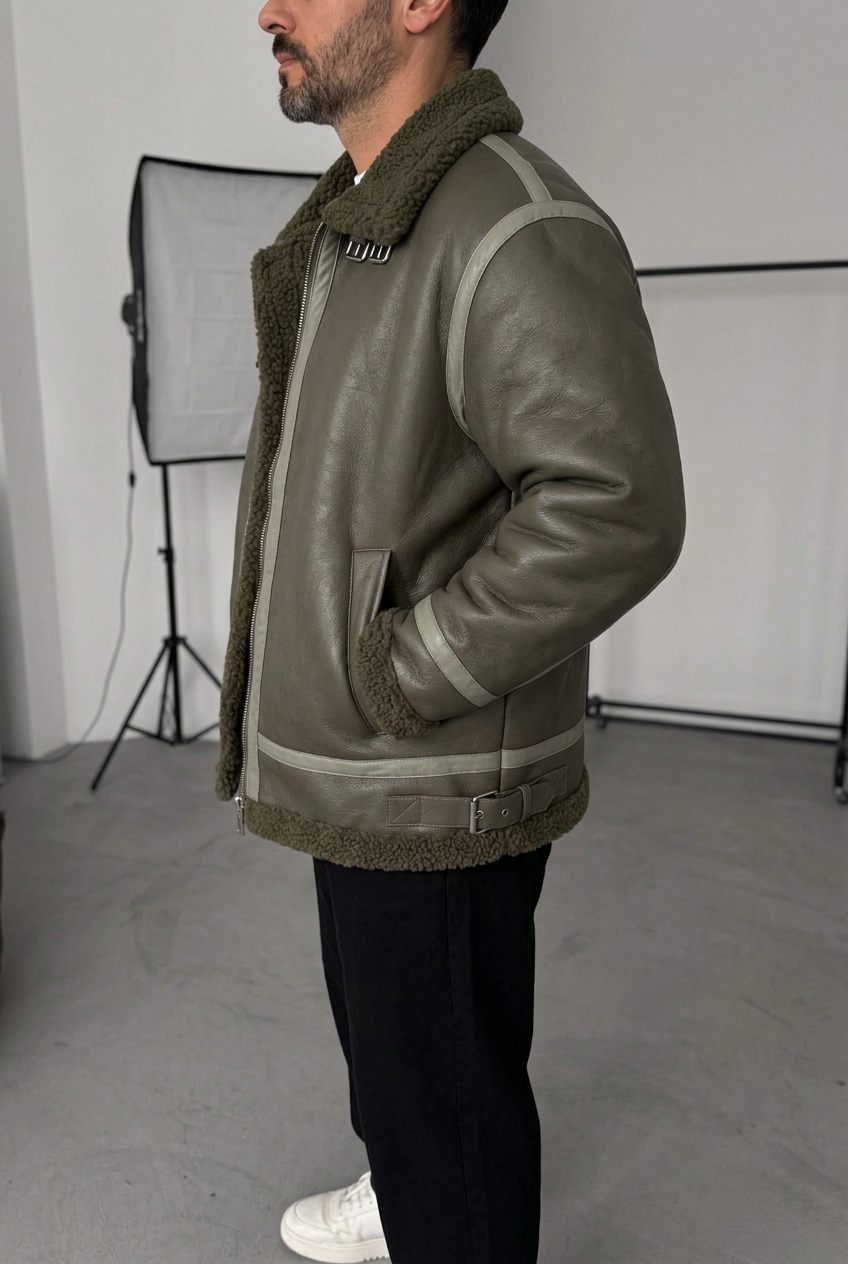 Ανδρικό Oversized Aviator Jacket από Δερματίνη με Γούνα Teddy – Χακί