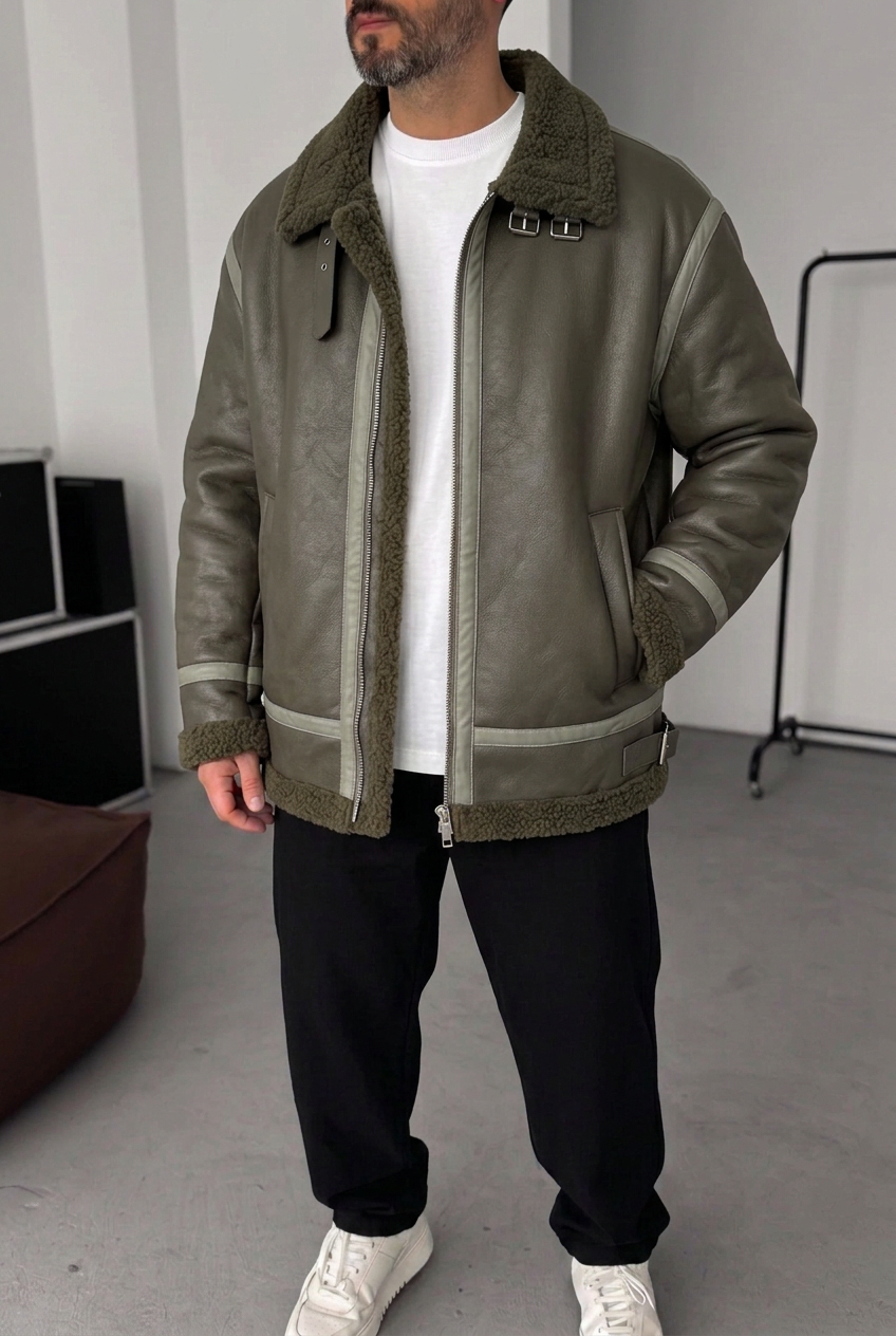 Ανδρικό Oversized Aviator Jacket από Δερματίνη με Γούνα Teddy – Χακί