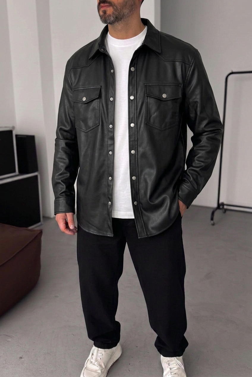 Ανδρικό Oversized Leather Shirt Jacket με Τσέπες & Μεταλλικά Κουμπιά – Μαύρο