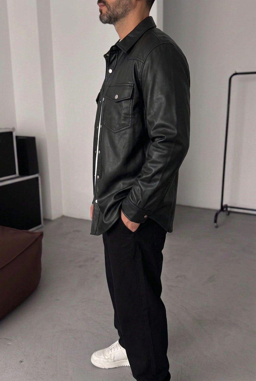 Ανδρικό Oversized Leather Shirt Jacket με Τσέπες & Μεταλλικά Κουμπιά – Μαύρο