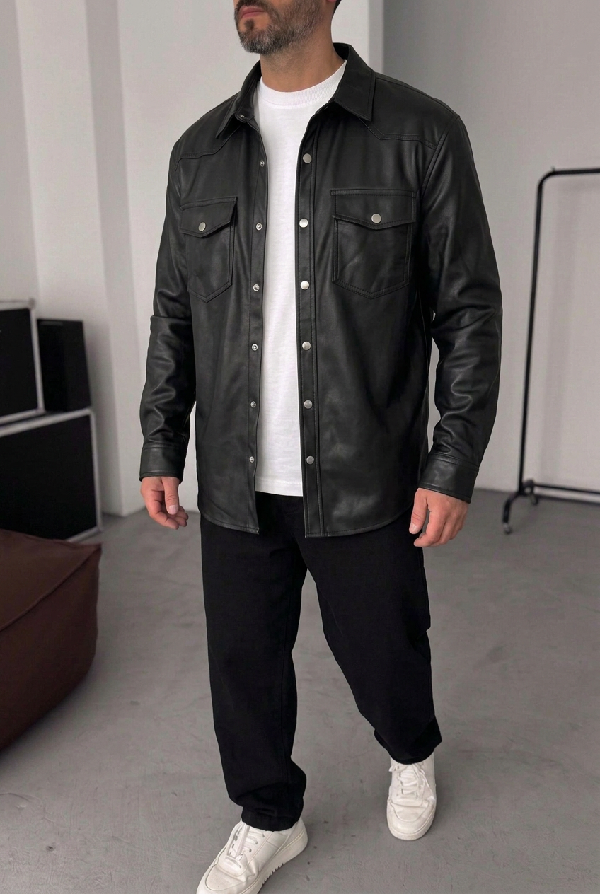 Ανδρικό Oversized Leather Shirt Jacket με Τσέπες & Μεταλλικά Κουμπιά – Μαύρο
