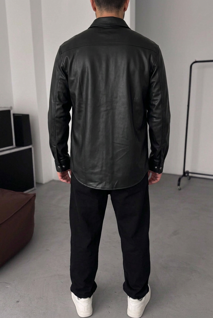 Ανδρικό Oversized Leather Shirt Jacket με Τσέπες & Μεταλλικά Κουμπιά – Μαύρο
