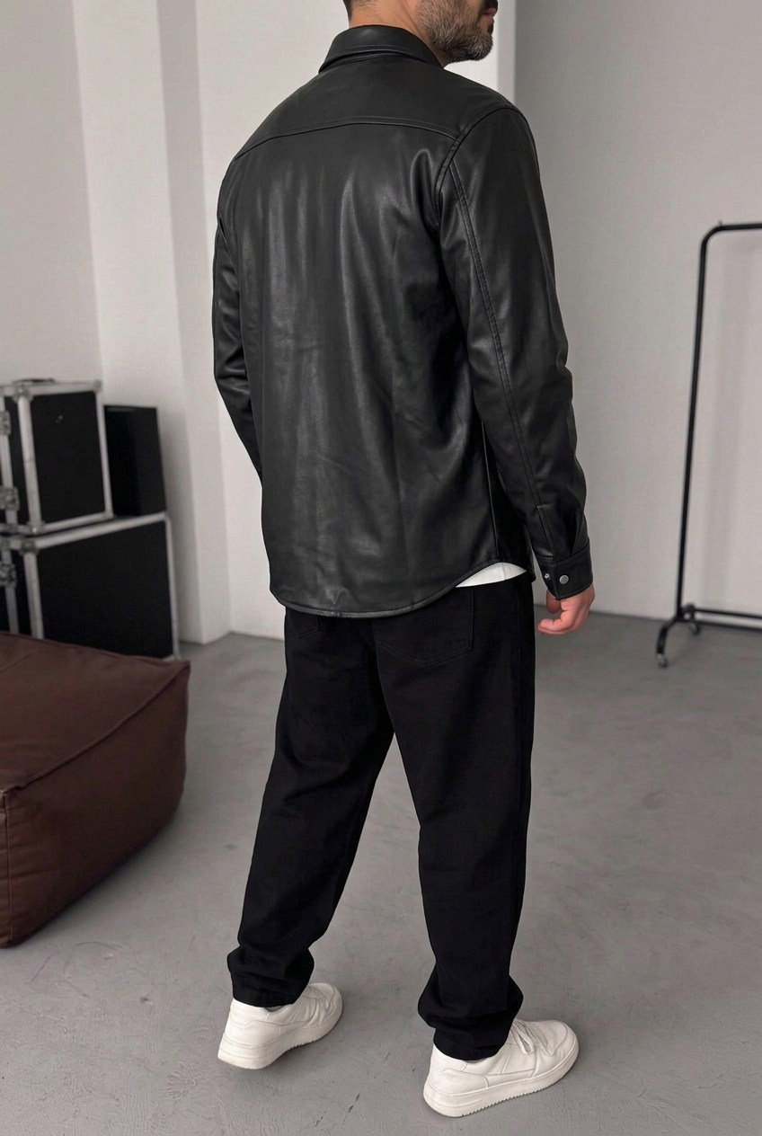 Ανδρικό Oversized Leather Shirt Jacket με Τσέπες & Μεταλλικά Κουμπιά – Μαύρο