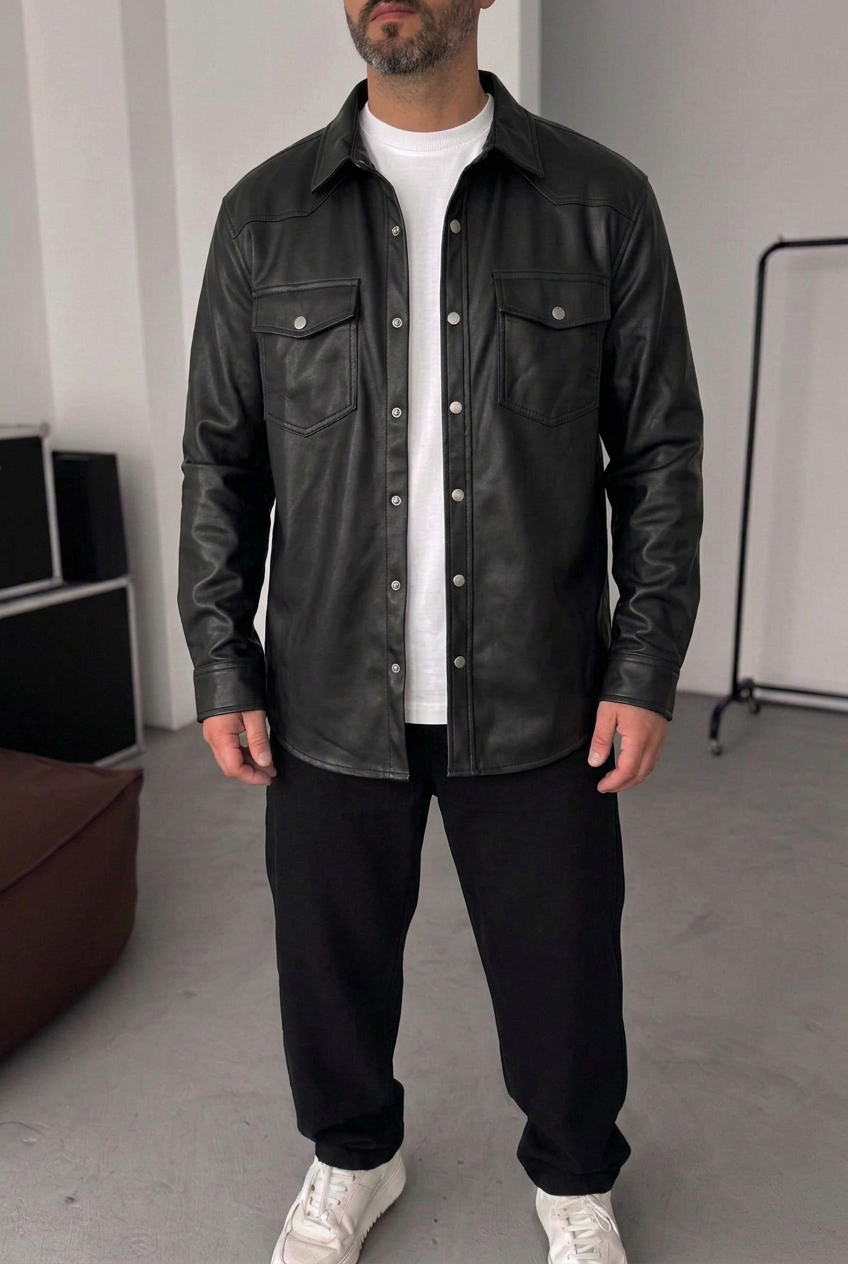 Ανδρικό Oversized Leather Shirt Jacket με Τσέπες & Μεταλλικά Κουμπιά – Μαύρο