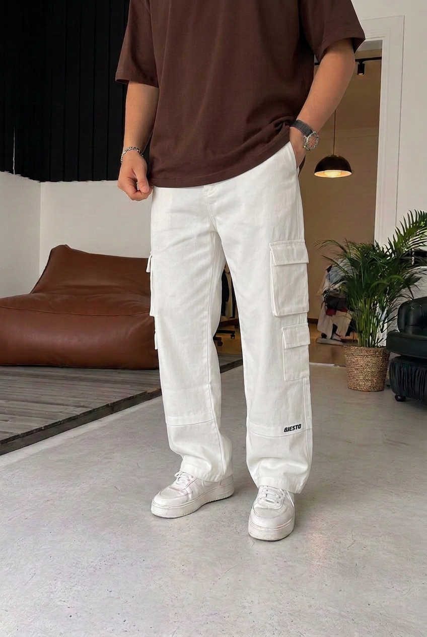 Ανδρικό Cargo Παντελόνι Baggy Fit με Πλαϊνές Τσέπες & Λάστιχο Πίσω στη Μέση – Εκρού