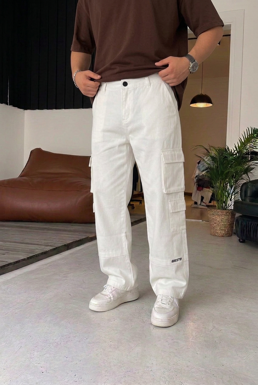 Ανδρικό Cargo Παντελόνι Baggy Fit με Πλαϊνές Τσέπες & Λάστιχο Πίσω στη Μέση – Εκρού
