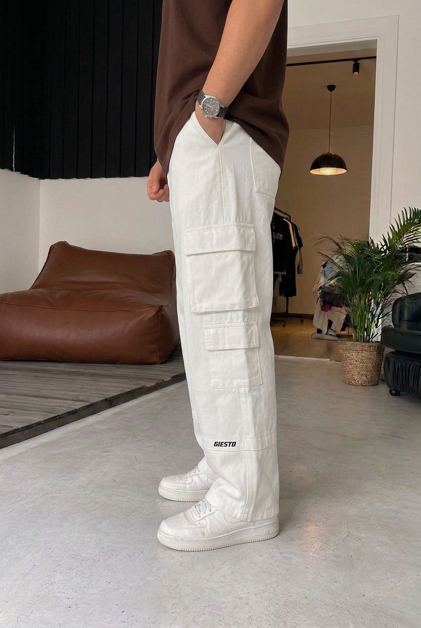 Ανδρικό Cargo Παντελόνι Baggy Fit με Πλαϊνές Τσέπες & Λάστιχο Πίσω στη Μέση – Εκρού