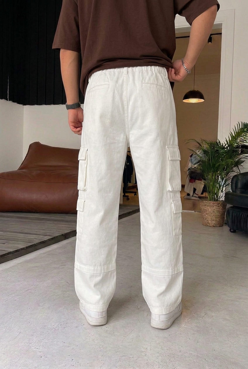 Ανδρικό Cargo Παντελόνι Baggy Fit με Πλαϊνές Τσέπες & Λάστιχο Πίσω στη Μέση – Εκρού
