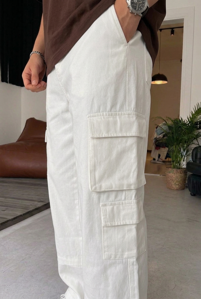 Ανδρικό Cargo Παντελόνι Baggy Fit με Πλαϊνές Τσέπες & Λάστιχο Πίσω στη Μέση – Εκρού