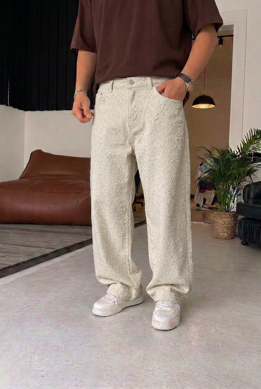 Ανδρικό Παντελόνι Baggy Fit με Ανάγλυφη Υφή – Εκρού