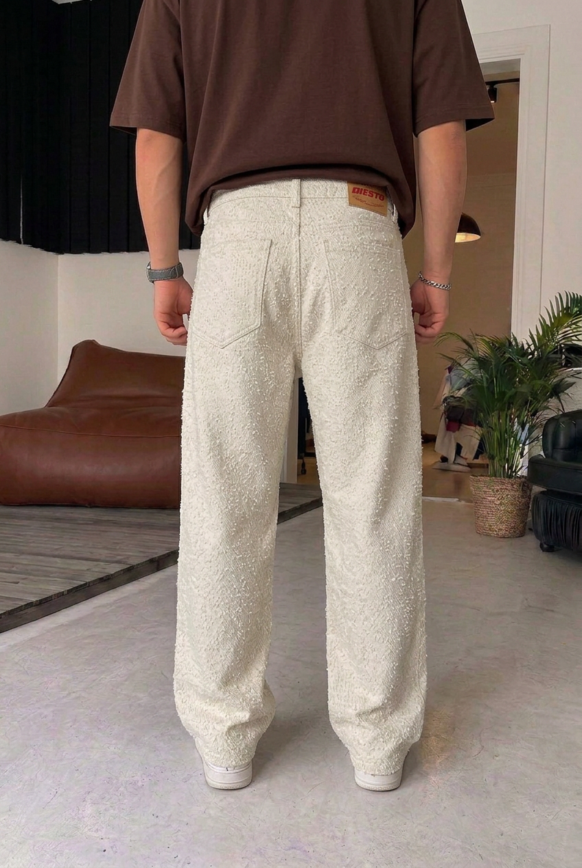 Ανδρικό Παντελόνι Baggy Fit με Ανάγλυφη Υφή – Εκρού