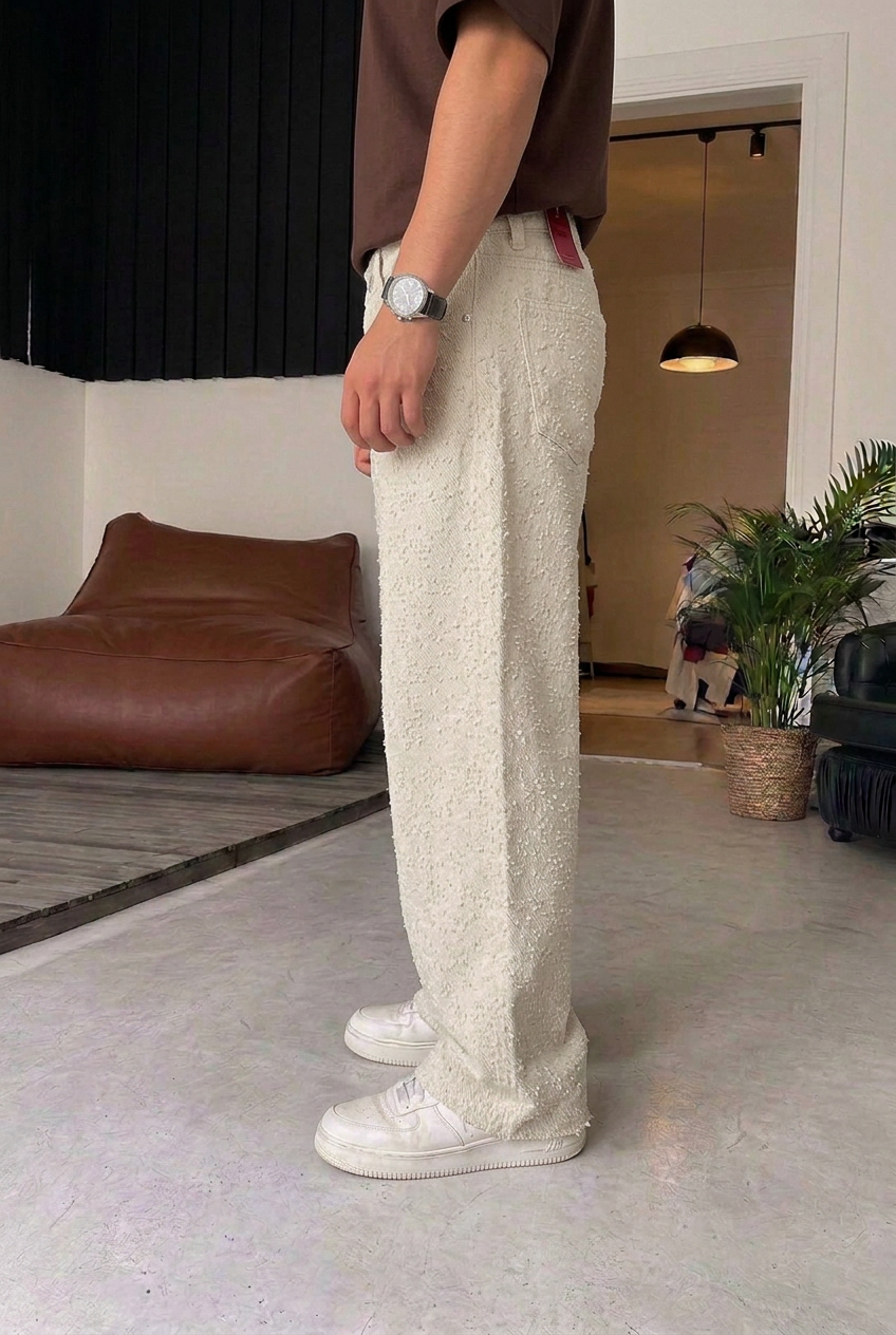 Ανδρικό Παντελόνι Baggy Fit με Ανάγλυφη Υφή – Εκρού