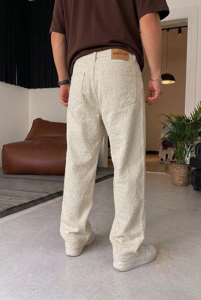 Ανδρικό Παντελόνι Baggy Fit με Ανάγλυφη Υφή – Εκρού