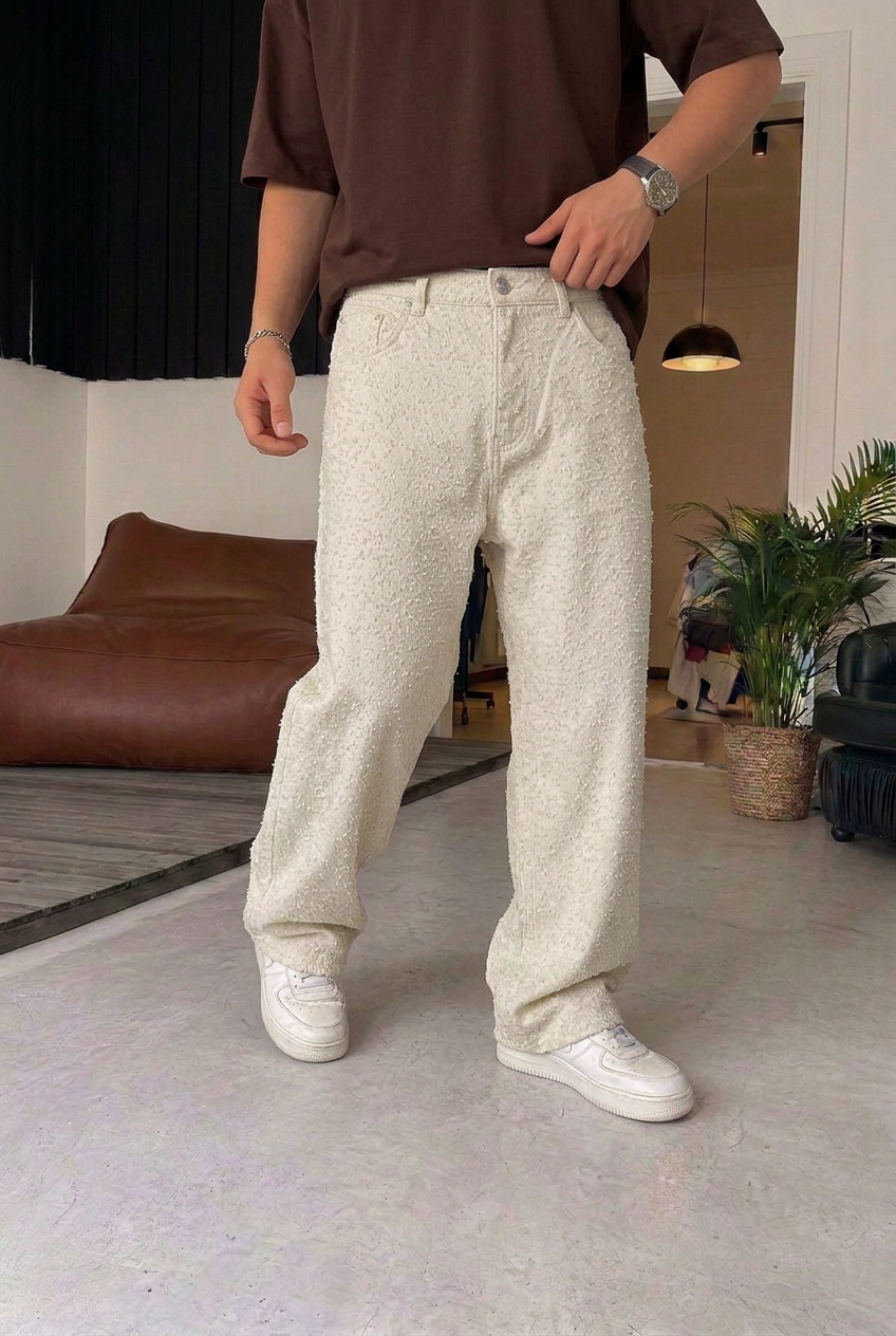 Ανδρικό Παντελόνι Baggy Fit με Ανάγλυφη Υφή – Εκρού