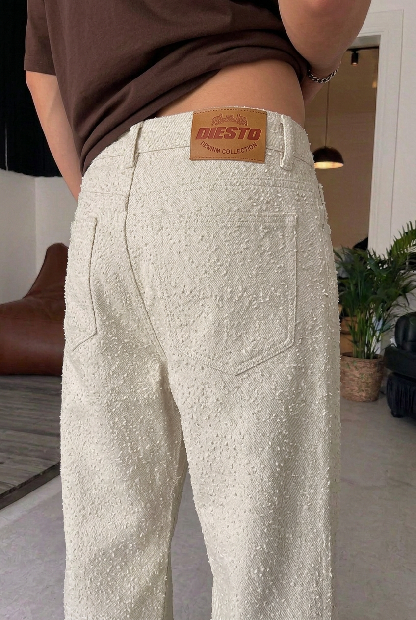 Ανδρικό Παντελόνι Baggy Fit με Ανάγλυφη Υφή – Εκρού