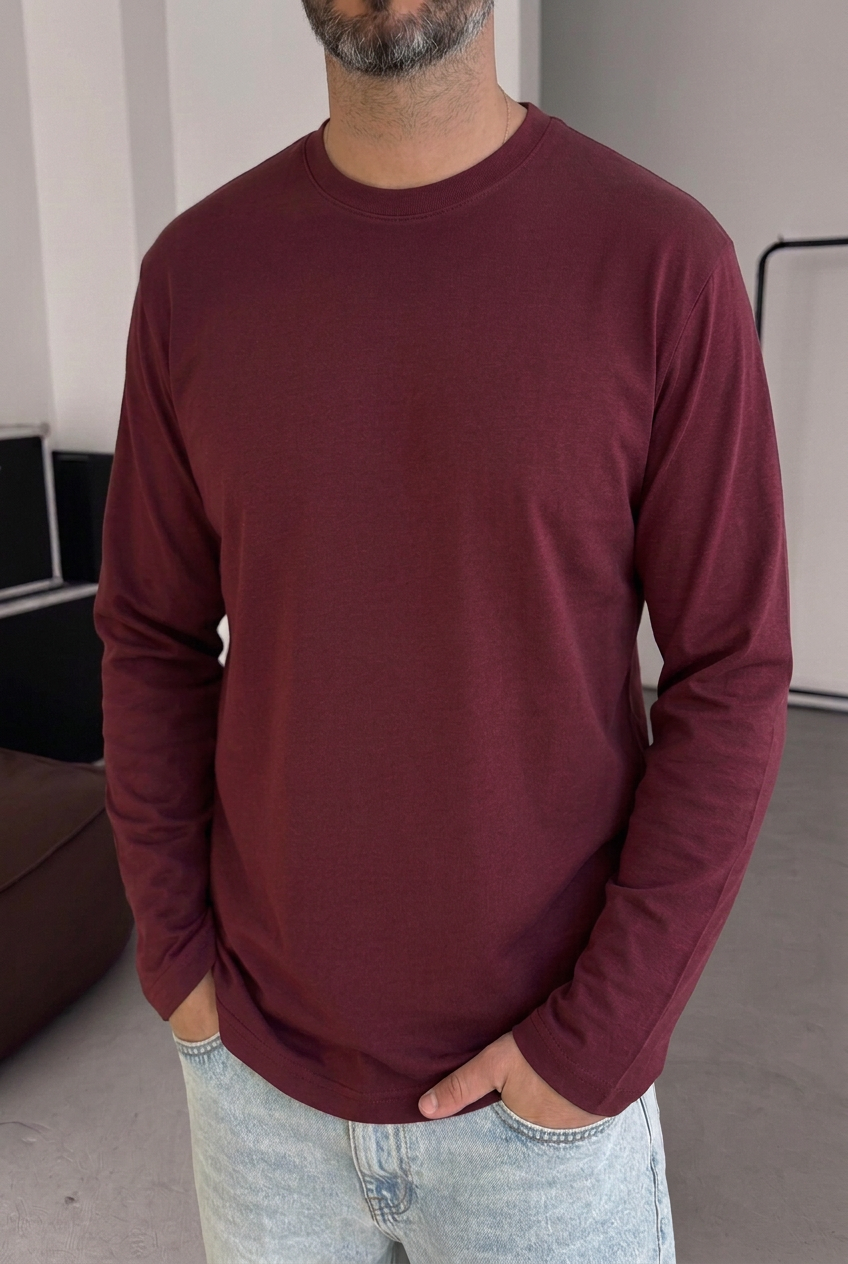 Ανδρική Μακρυμάνικη Μπλούζα Basic Regular Fit –Μπορντο