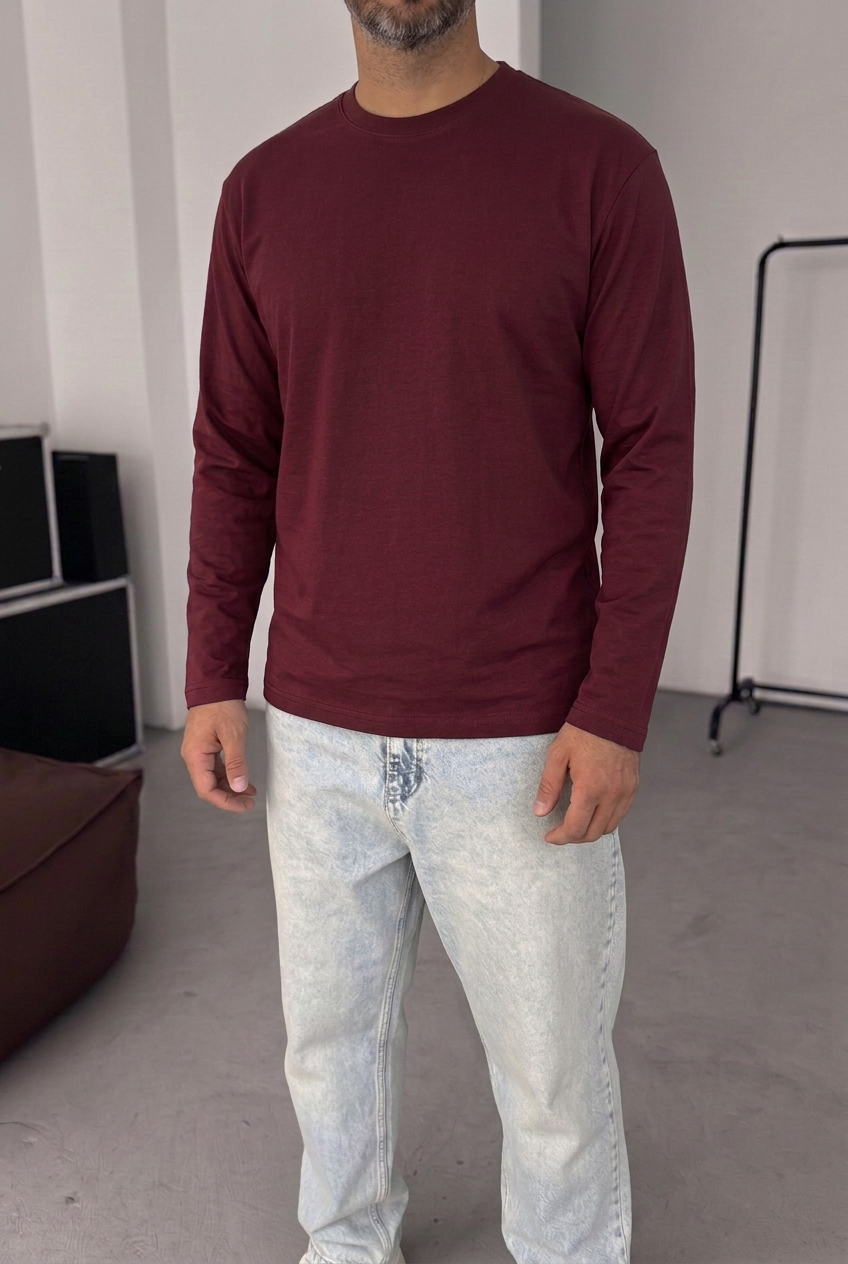 Ανδρική Μακρυμάνικη Μπλούζα Basic Regular Fit –Μπορντο