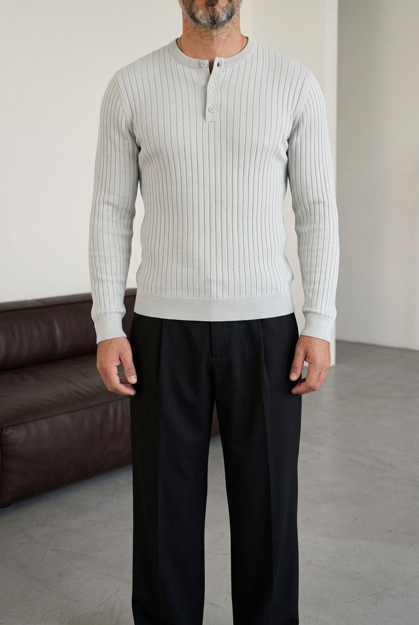 Ανδρική Πλεκτή Μπλούζα Slim Fit με Κουμπιά & Ριμπ Υφή – Γκρι του Πάγου το βρήκες
