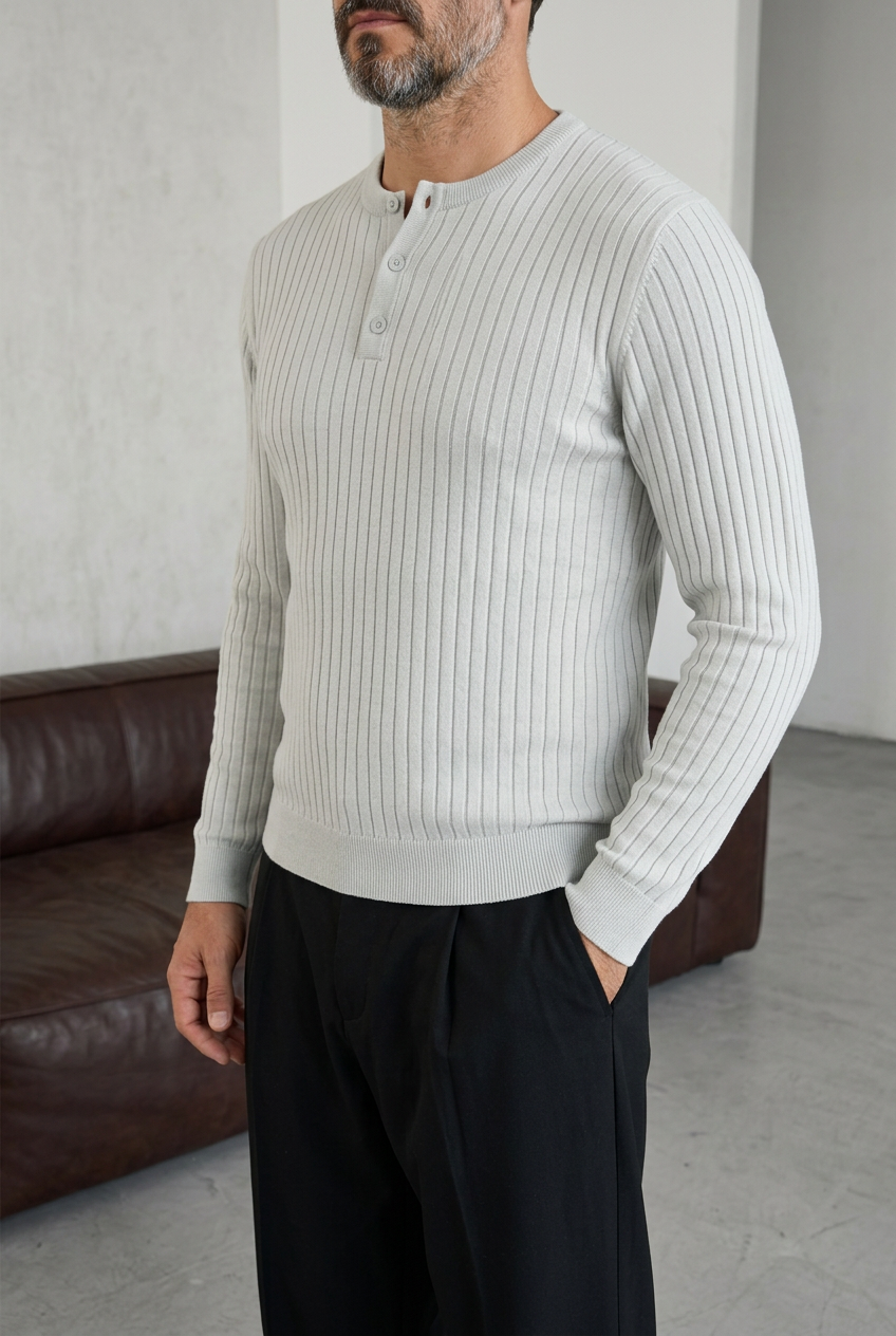 Ανδρική Πλεκτή Μπλούζα Slim Fit με Κουμπιά & Ριμπ Υφή – Γκρι του Πάγου το βρήκες
