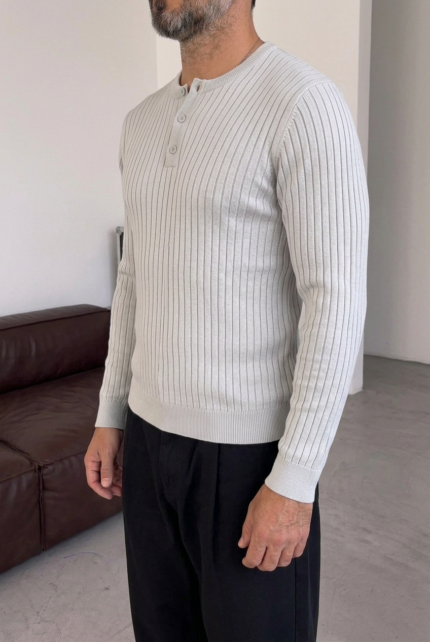 Ανδρική Πλεκτή Μπλούζα Slim Fit με Κουμπιά & Ριμπ Υφή – Γκρι του Πάγου το βρήκες