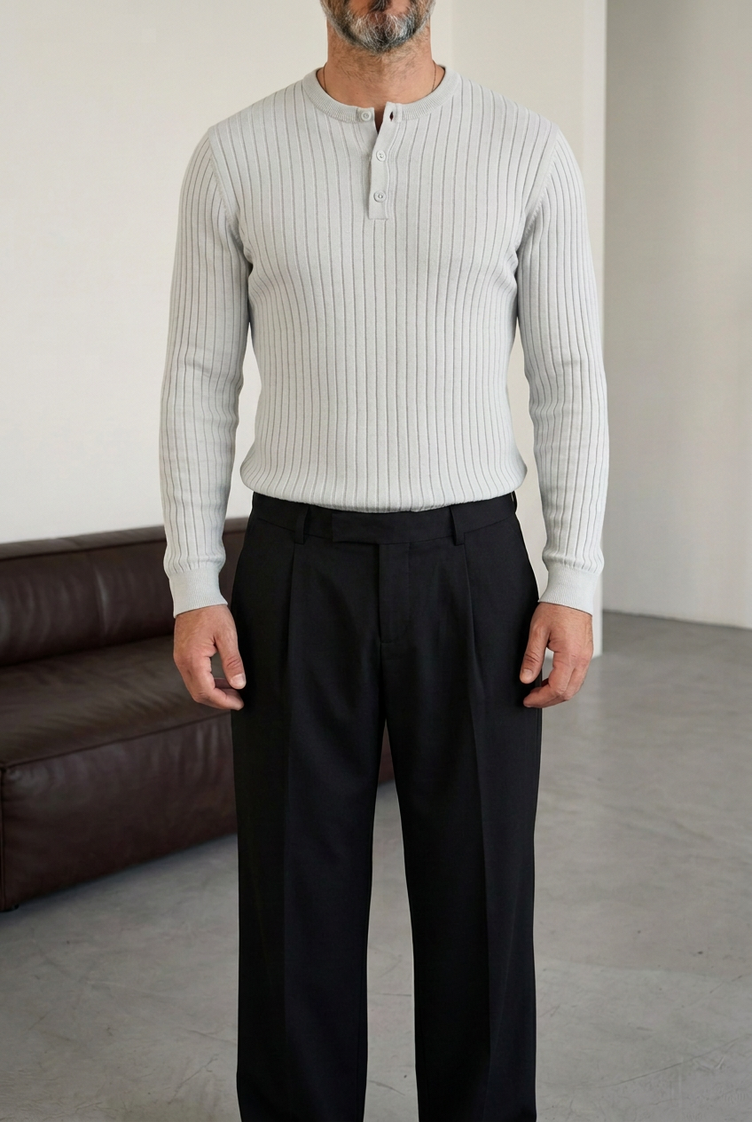 Ανδρική Πλεκτή Μπλούζα Slim Fit με Κουμπιά & Ριμπ Υφή – Γκρι του Πάγου το βρήκες