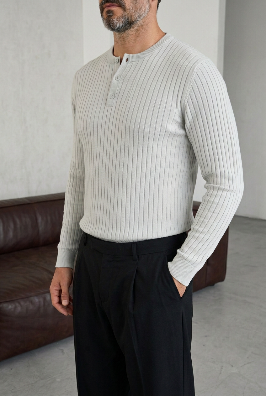 Ανδρική Πλεκτή Μπλούζα Slim Fit με Κουμπιά & Ριμπ Υφή – Γκρι του Πάγου το βρήκες