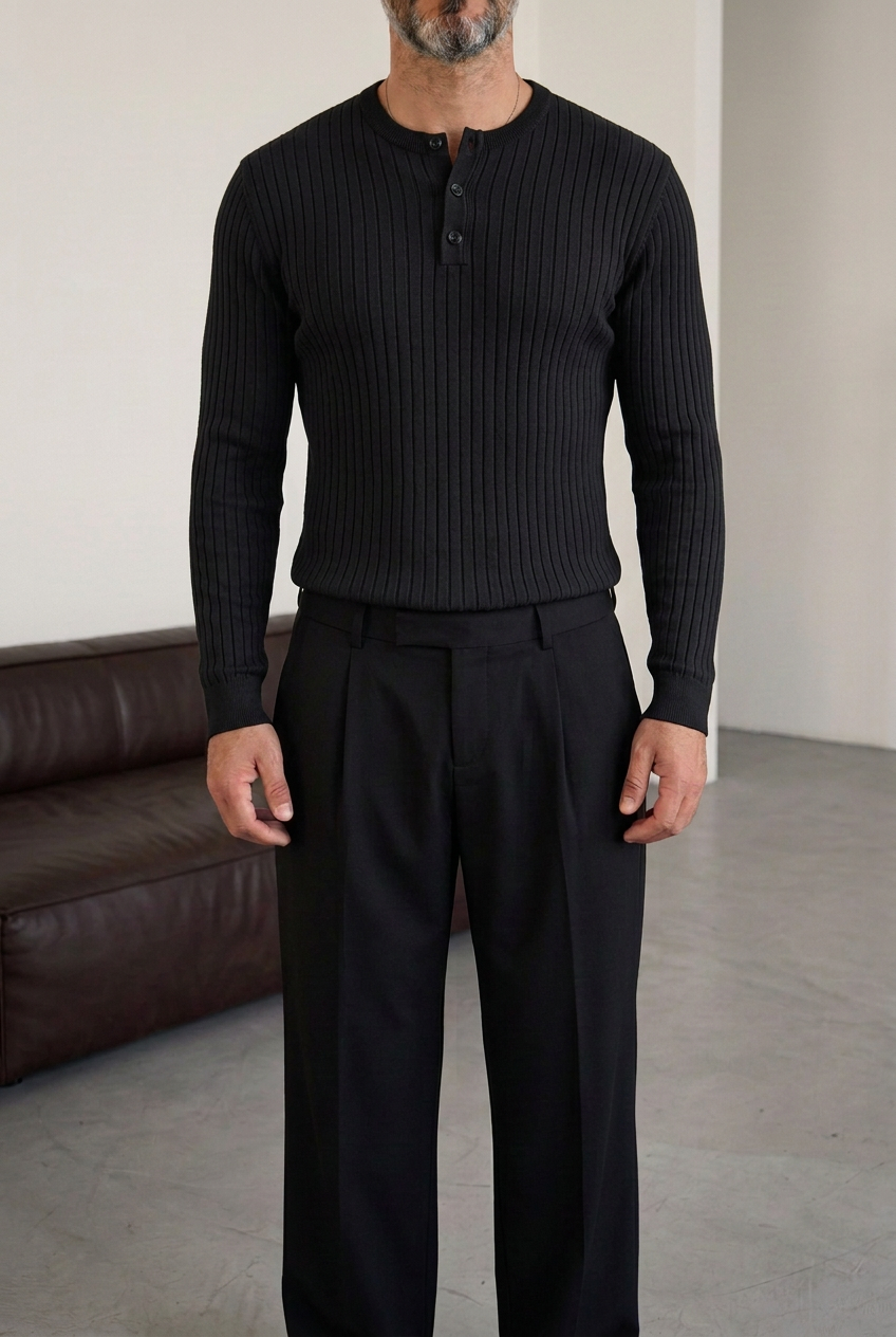 Ανδρική Πλεκτή Μπλούζα Slim Fit με Κουμπιά & Ριμπ Υφή – Μαύρο