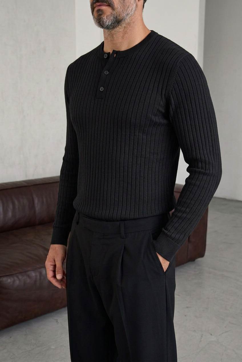 Ανδρική Πλεκτή Μπλούζα Slim Fit με Κουμπιά & Ριμπ Υφή – Μαύρο