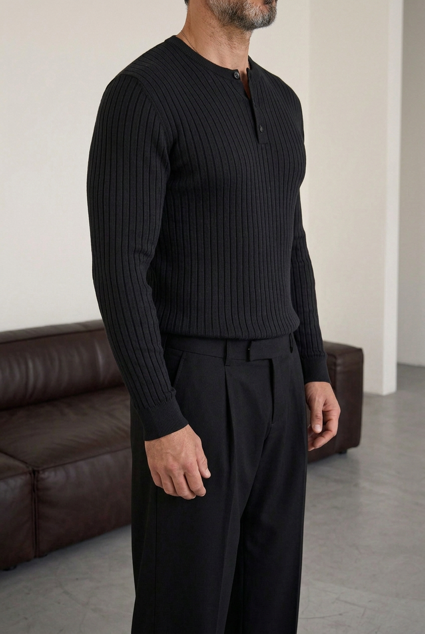 Ανδρική Πλεκτή Μπλούζα Slim Fit με Κουμπιά & Ριμπ Υφή – Μαύρο