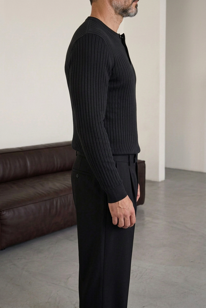 Ανδρική Πλεκτή Μπλούζα Slim Fit με Κουμπιά & Ριμπ Υφή – Μαύρο