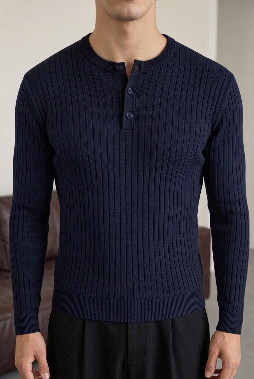 Ανδρική Πλεκτή Μπλούζα Slim Fit με Κουμπιά & Ριμπ Υφή – Σκούρο Μπλε