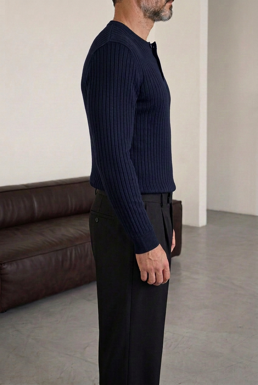 Ανδρική Πλεκτή Μπλούζα Slim Fit με Κουμπιά & Ριμπ Υφή – Σκούρο Μπλε