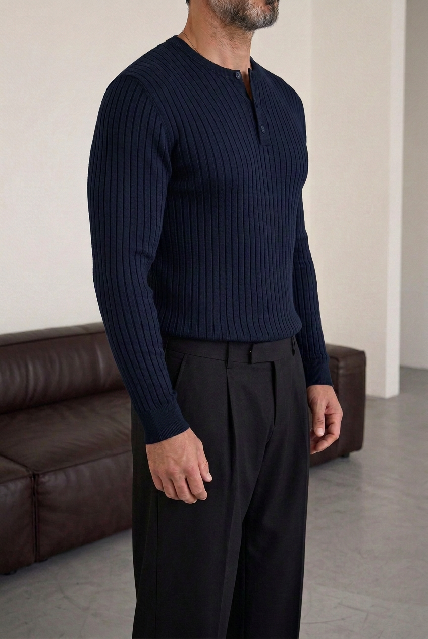 Ανδρική Πλεκτή Μπλούζα Slim Fit με Κουμπιά & Ριμπ Υφή – Σκούρο Μπλε