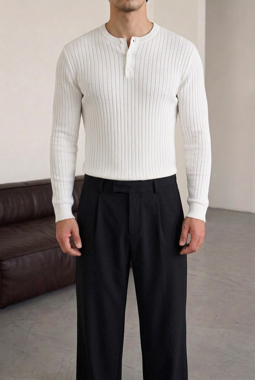 Ανδρική Πλεκτή Μπλούζα Slim Fit με Κουμπιά & Ριμπ Υφή – Λευκό