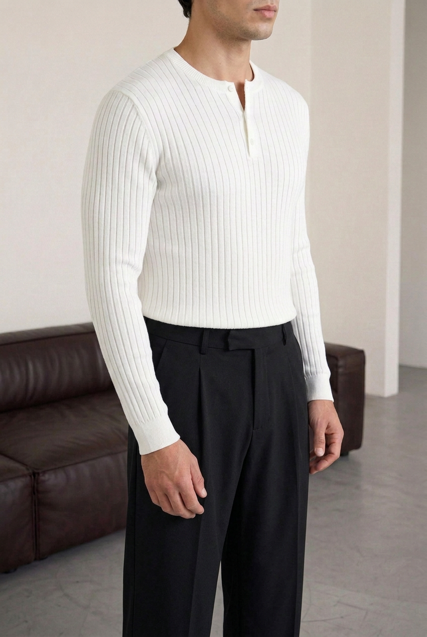 Ανδρική Πλεκτή Μπλούζα Slim Fit με Κουμπιά & Ριμπ Υφή – Λευκό