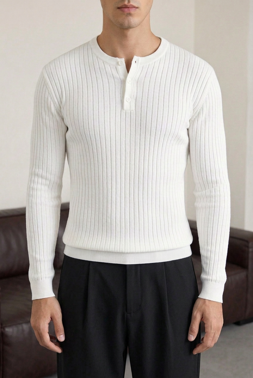 Ανδρική Πλεκτή Μπλούζα Slim Fit με Κουμπιά & Ριμπ Υφή – Λευκό