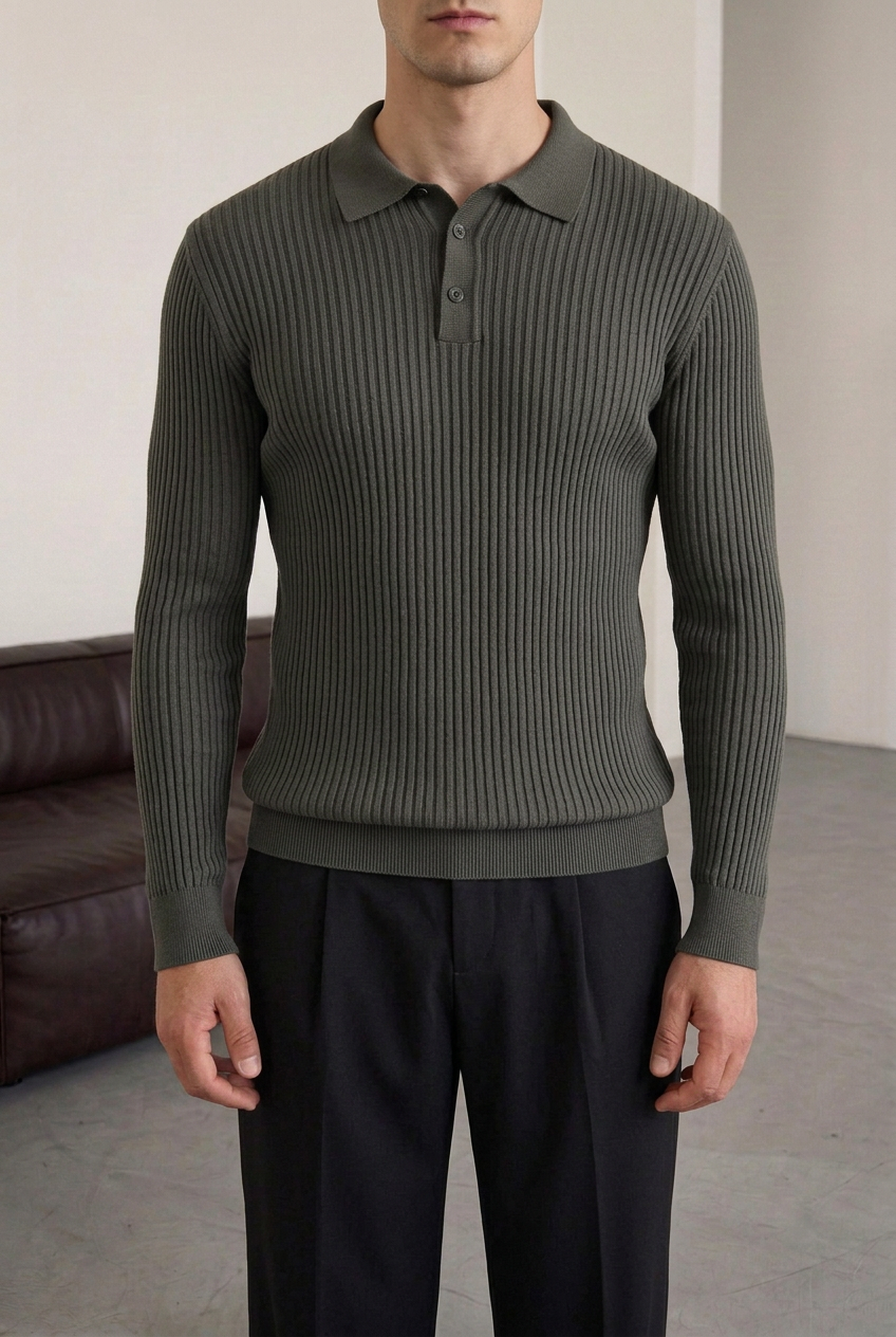 Ανδρική Πλεκτή Μπλούζα Polo Slim Fit με Κουμπιά – Χακί