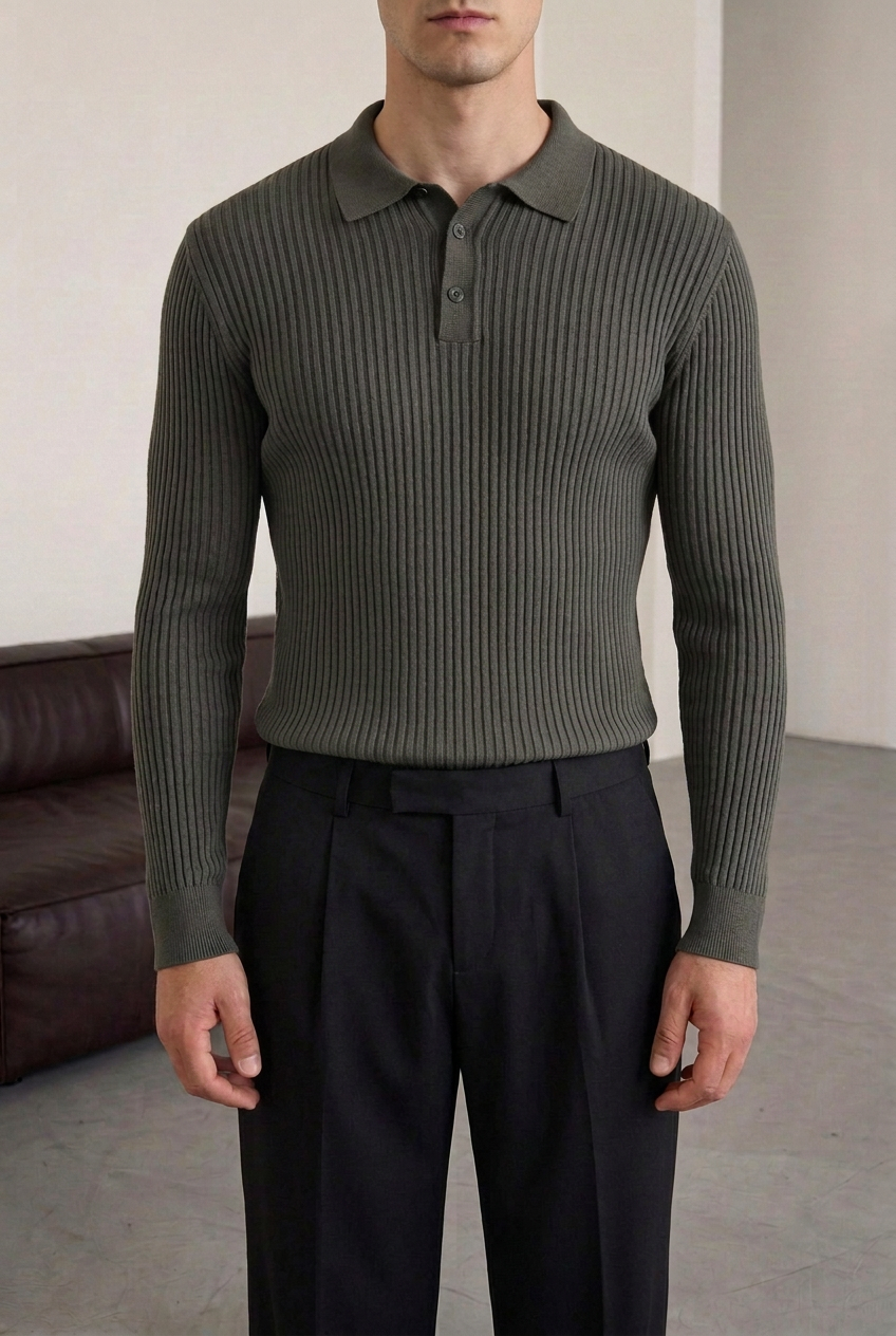 Ανδρική Πλεκτή Μπλούζα Polo Slim Fit με Κουμπιά – Χακί