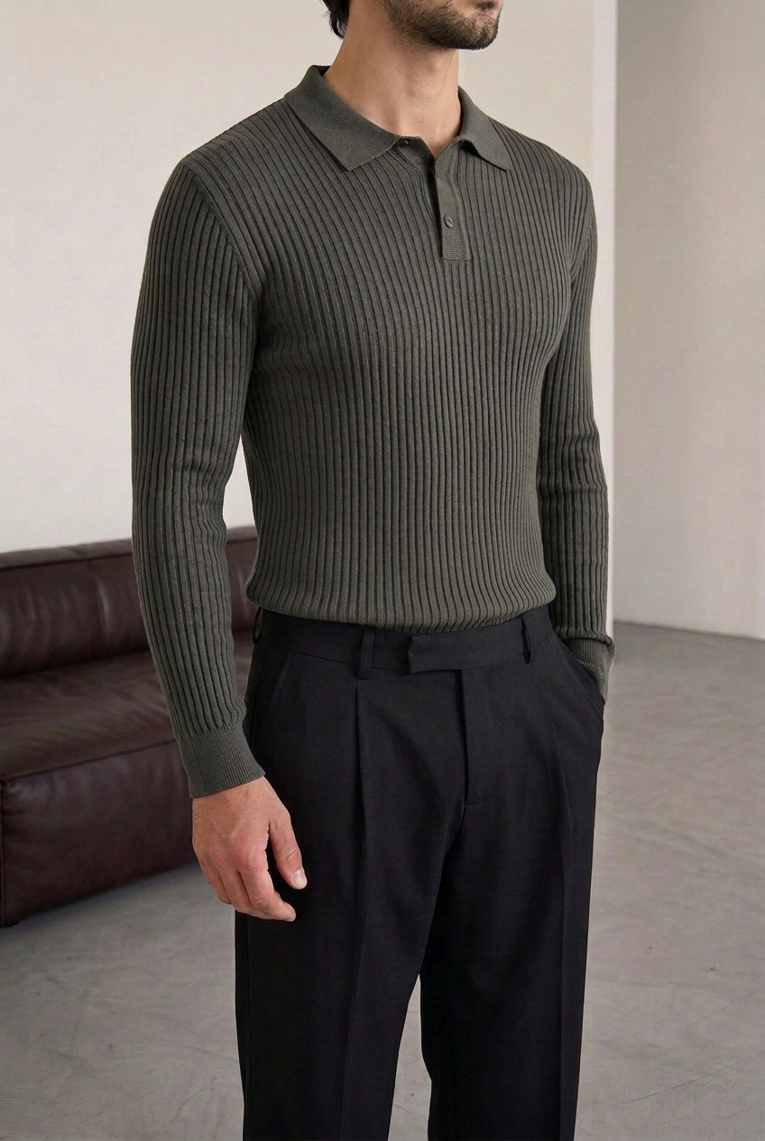 Ανδρική Πλεκτή Μπλούζα Polo Slim Fit με Κουμπιά – Χακί