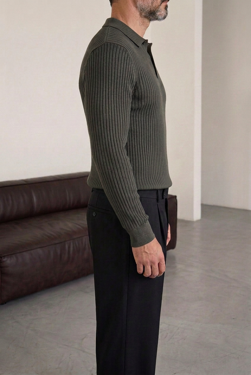 Ανδρική Πλεκτή Μπλούζα Polo Slim Fit με Κουμπιά – Χακί