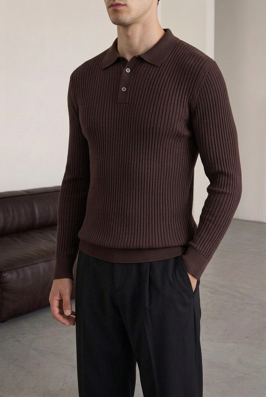 Ανδρική Πλεκτή Μπλούζα Polo Slim Fit με Κουμπιά – Σκούρο Καφέ
